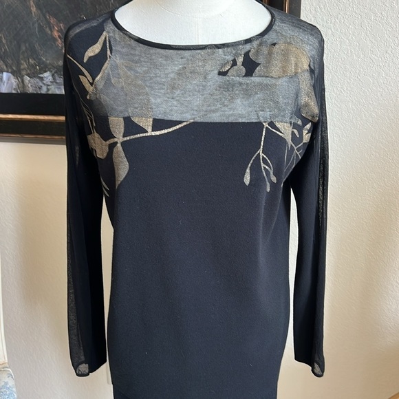 Lafayette 148 New York Black Gold Sweater Sheer Top Part Size P S/M